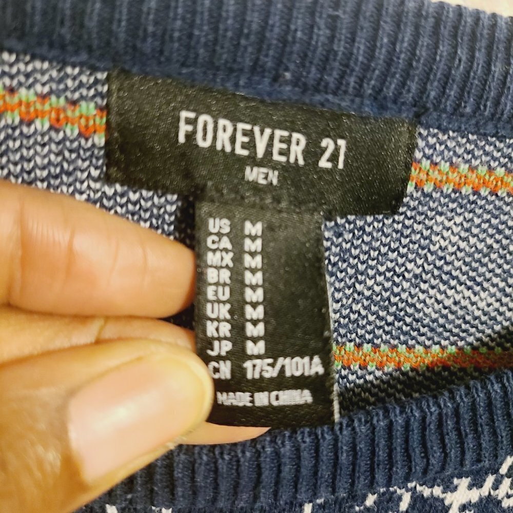 Forever 21 Men | Navy Bicycle Print & Striped Crewneck Sweater (Size Medium) - Picture 3 of 12